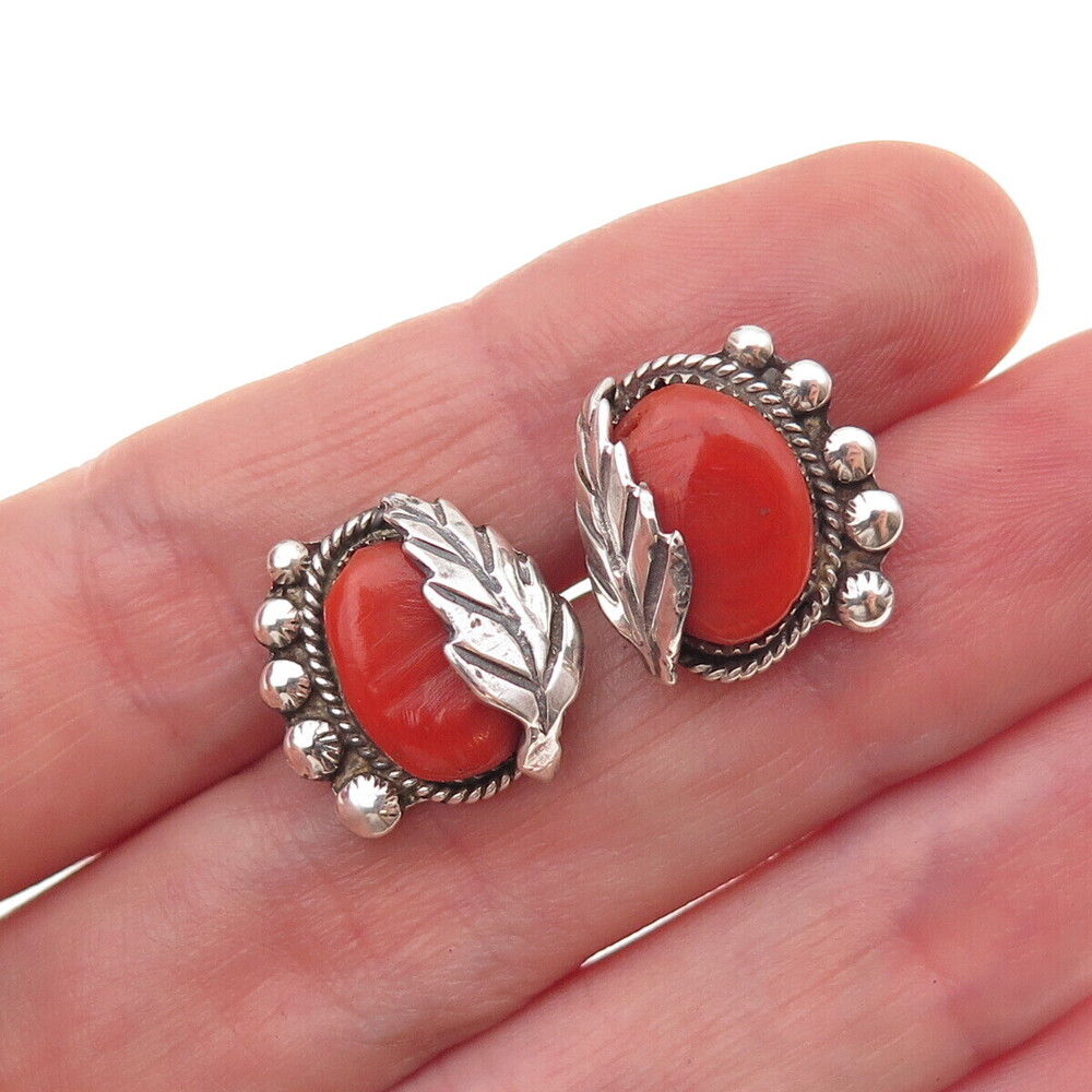 Old Pawn 925 Sterling Silver Vintage Southwestern Coral Feather Tribal Earrings